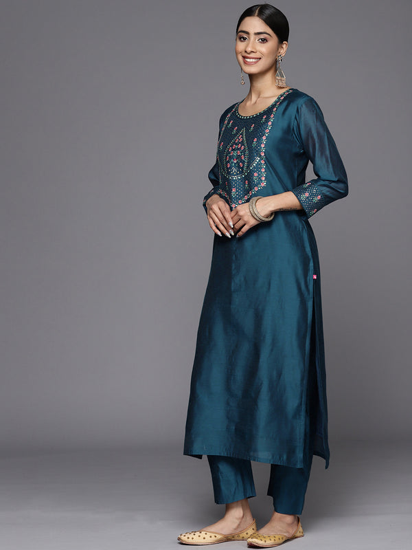 Varanga Women Teal Embroidered Straight Kurta Paired With Tonal Bottom And Dupatta With Four Side Fringes - Distacart