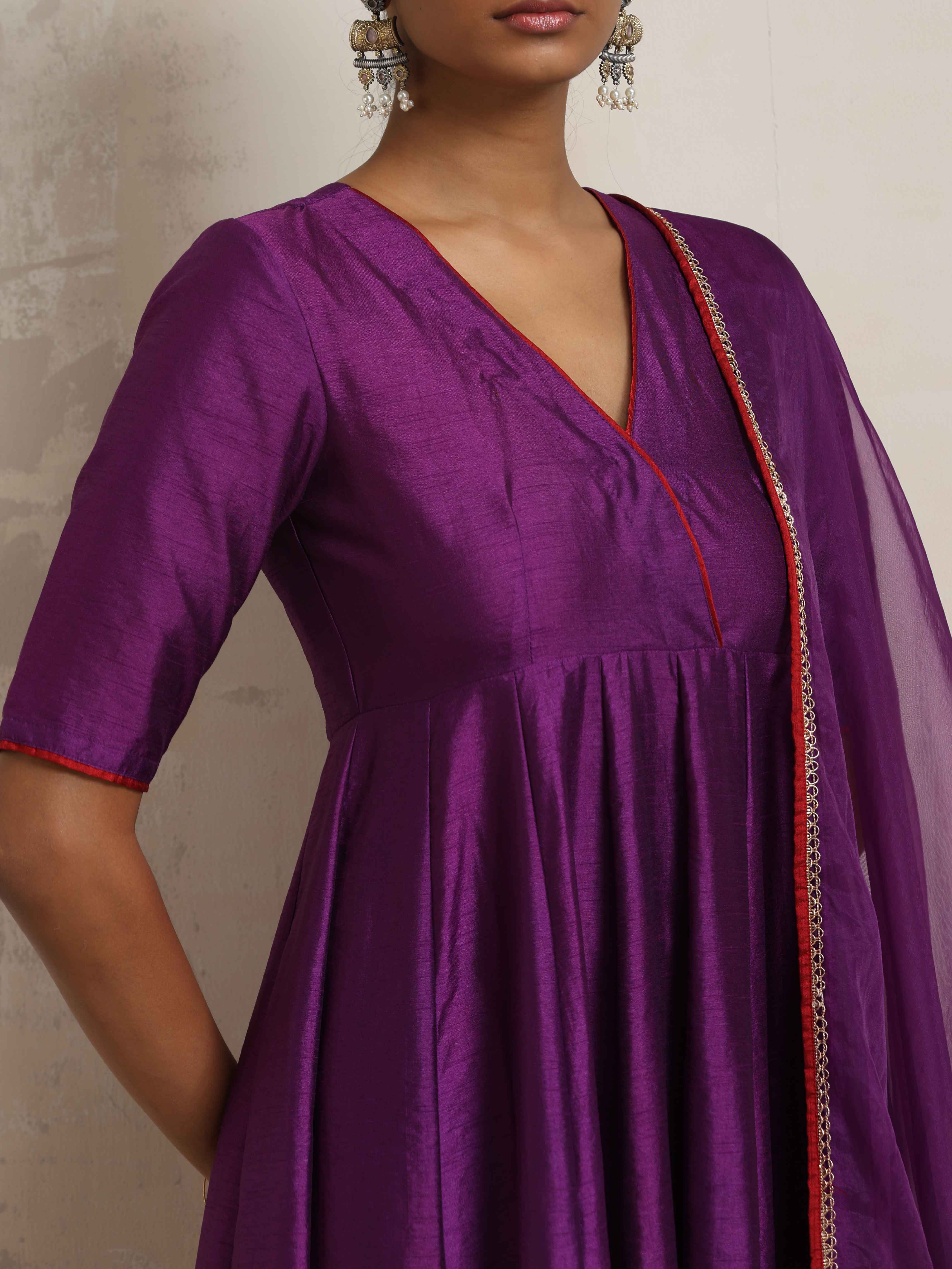 trueBrowns Purple Silk Anarkali Kurta Pant Dupatta Set - Distacart