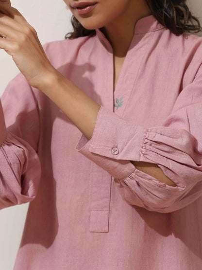 trueBrowns Pink Cotton Linen Kurta Pant Set - Distacart