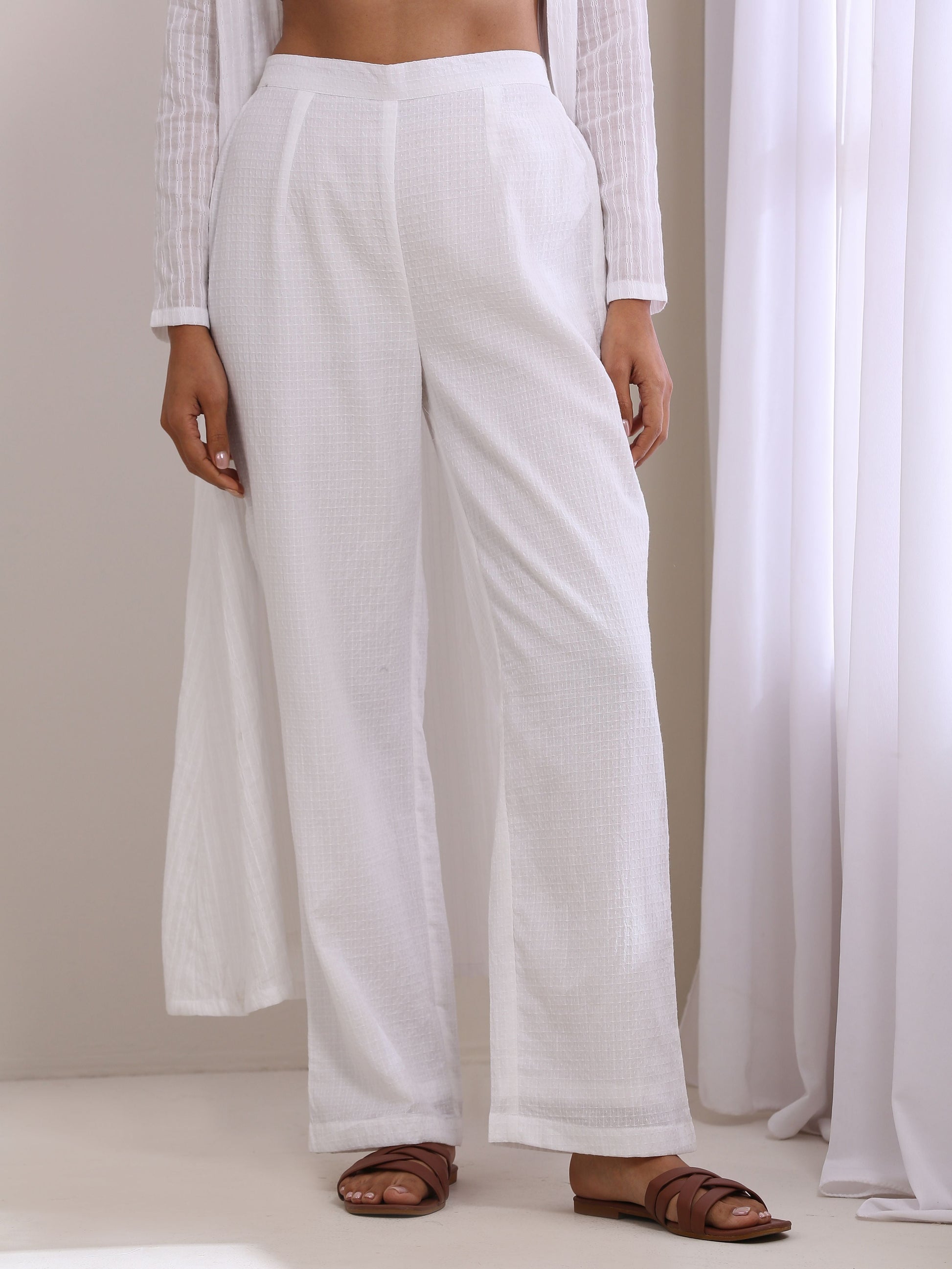 trueBrowns White Dobby Overlay Jacket Blouse Pant Set - Distacart