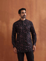 Thumbnail for trueBrowns Men's Black Floral Printed Short Kurta