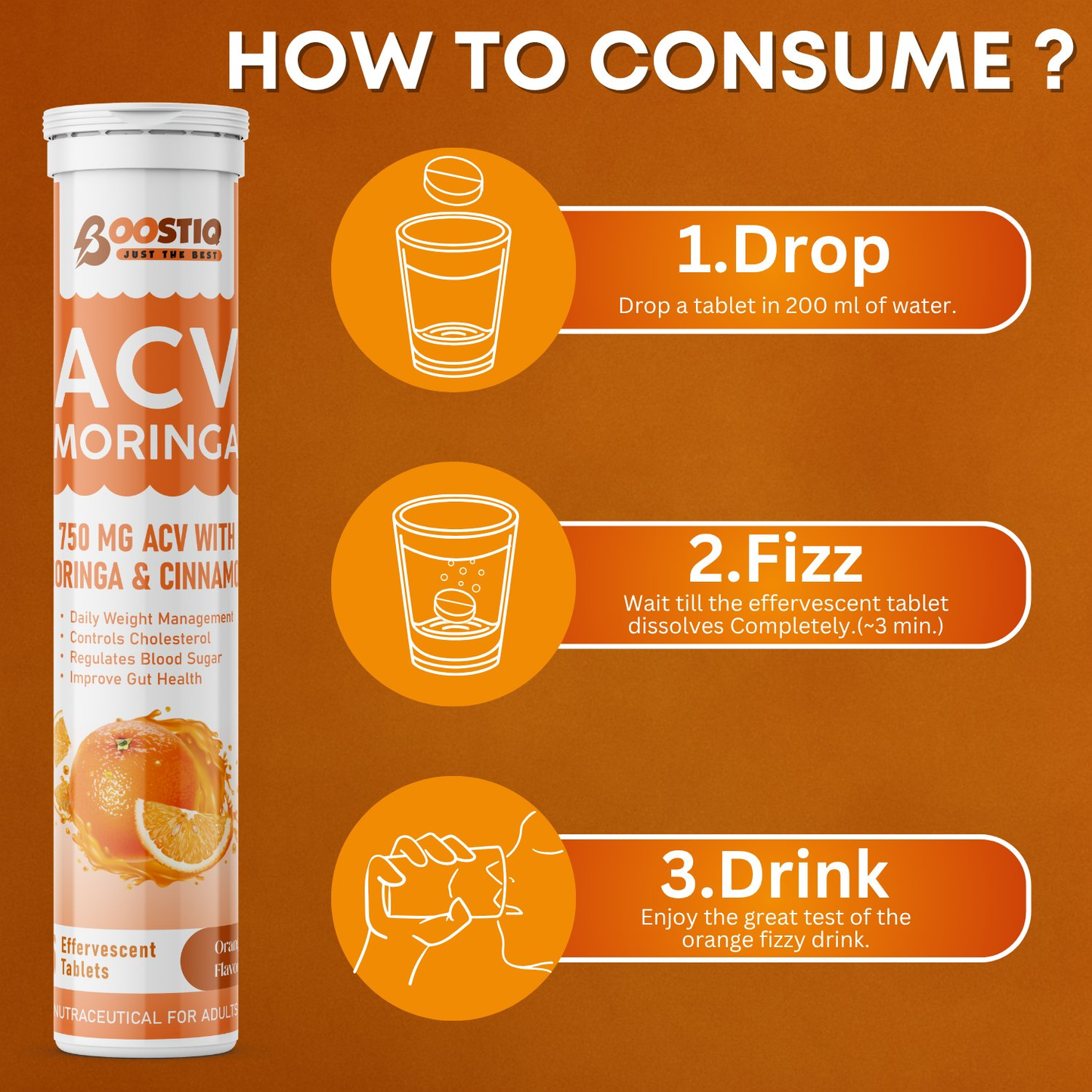 BOOSTIQ ACV Moringa & Cinnamon Effervescent Tablets - Orange Flavour - Distacart