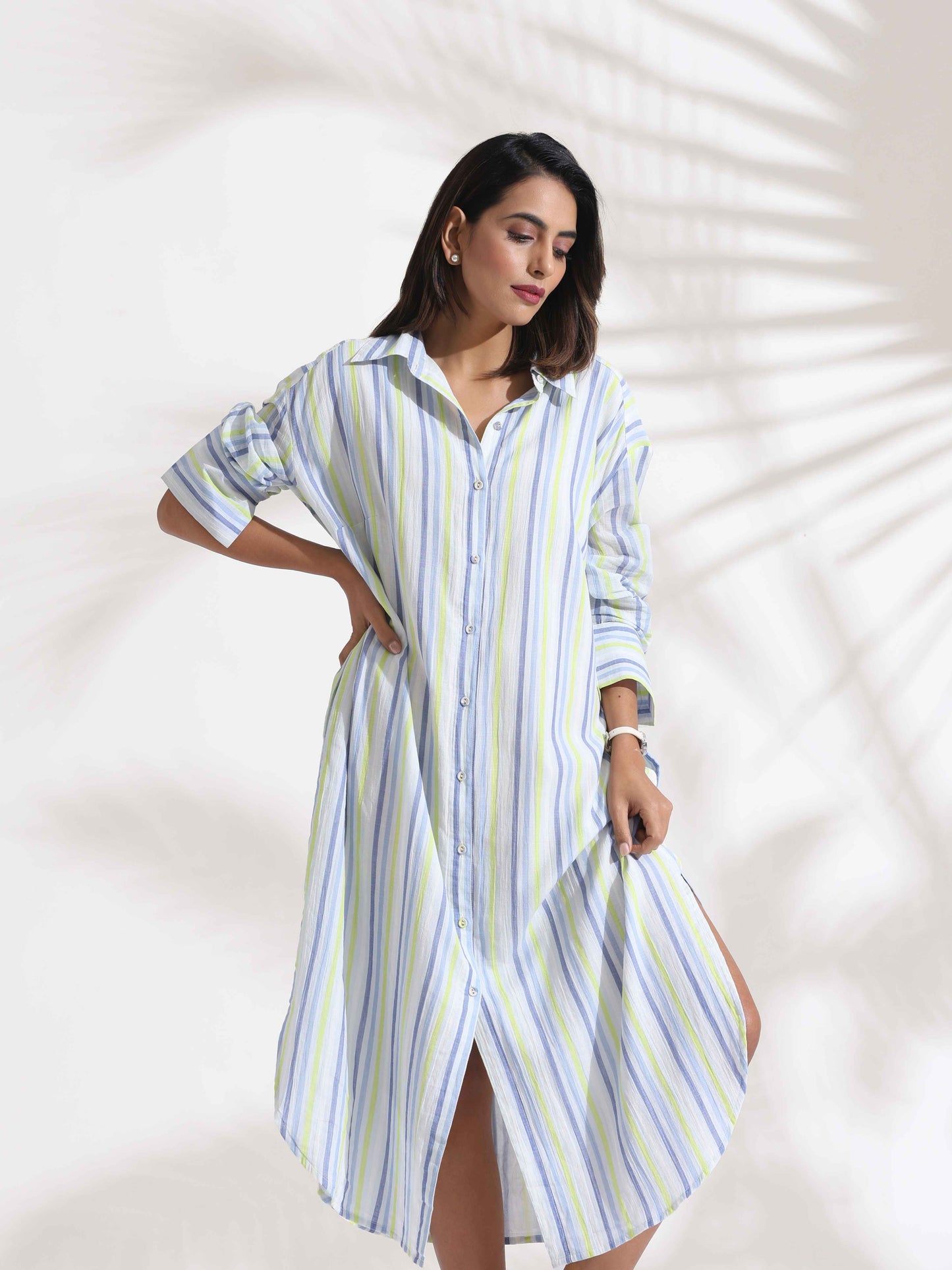 trueBrowns White Cotton Multi Stripe Shirt Dress - Distacart