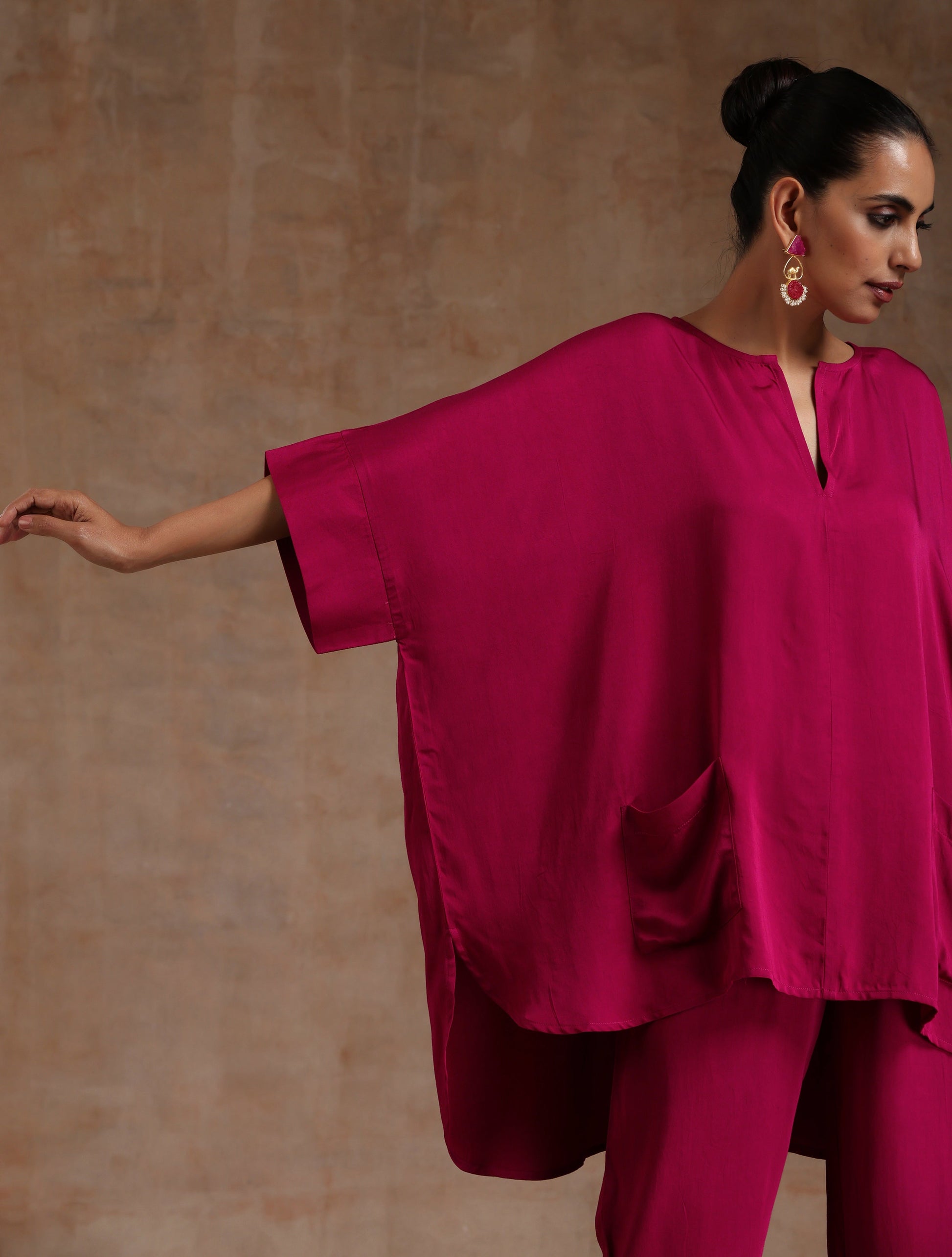 trueBrowns Pink Modal Satin Boxy Fit High-Low Co-Ord Set - Distacart