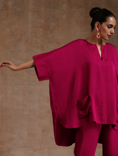 trueBrowns Pink Modal Satin Boxy Fit High-Low Co-Ord Set - Distacart