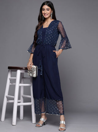 Ahalyaa Printed Bell Sleeves Crepe Basic Jumpsuit With Waist Tie-Ups - Distacart