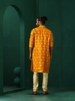 Thumbnail for trueBrowns Men's Mustard Geometric Floral Viscose Silk Long Kurta - Distacart