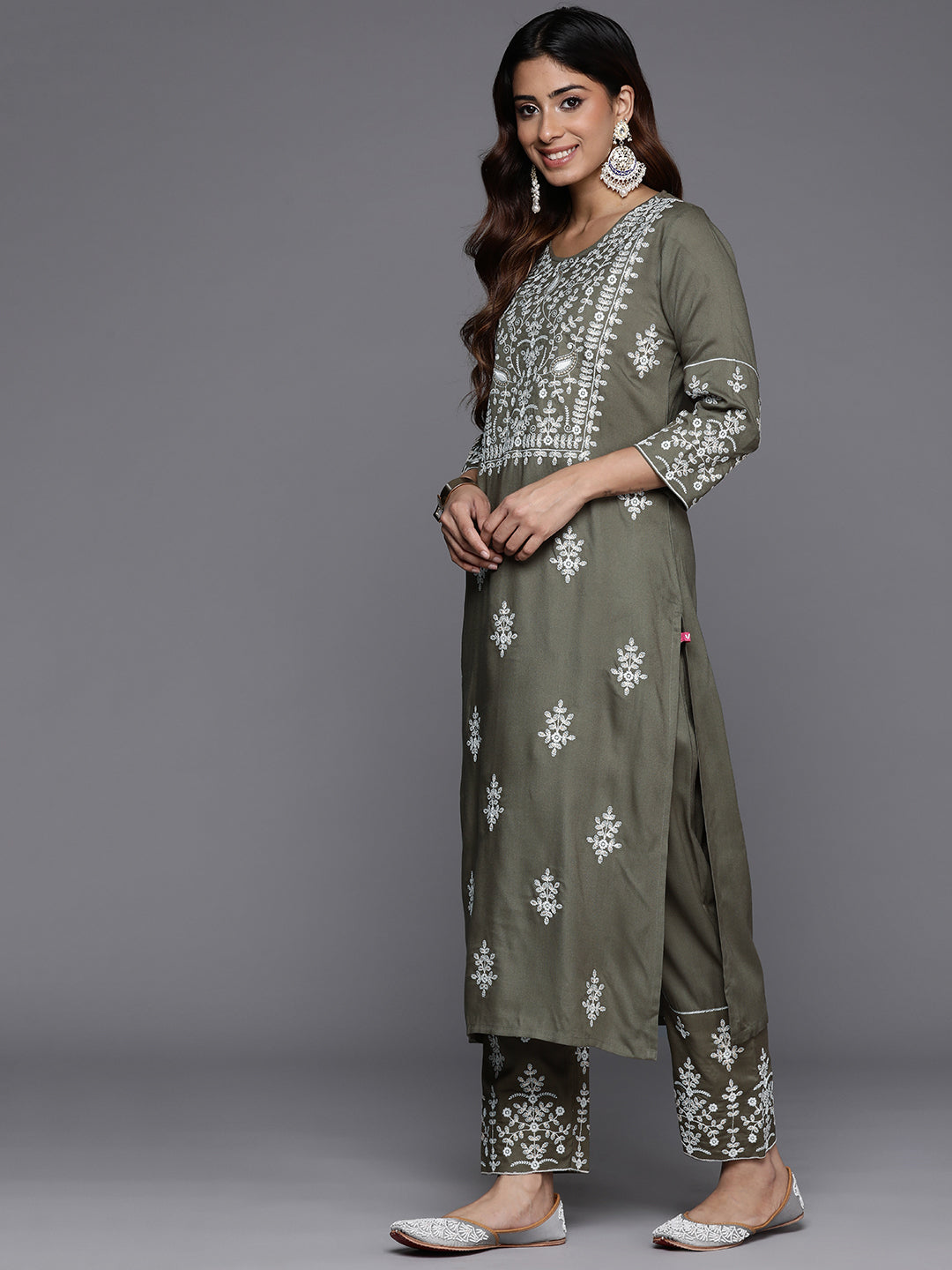 Varanga Women Olive Embroidered Kurta Paired With Tonal Trouser And Dupatta - Distacart