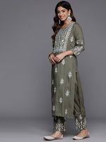 Thumbnail for Varanga Women Olive Embroidered Kurta Paired With Tonal Trouser And Dupatta - Distacart