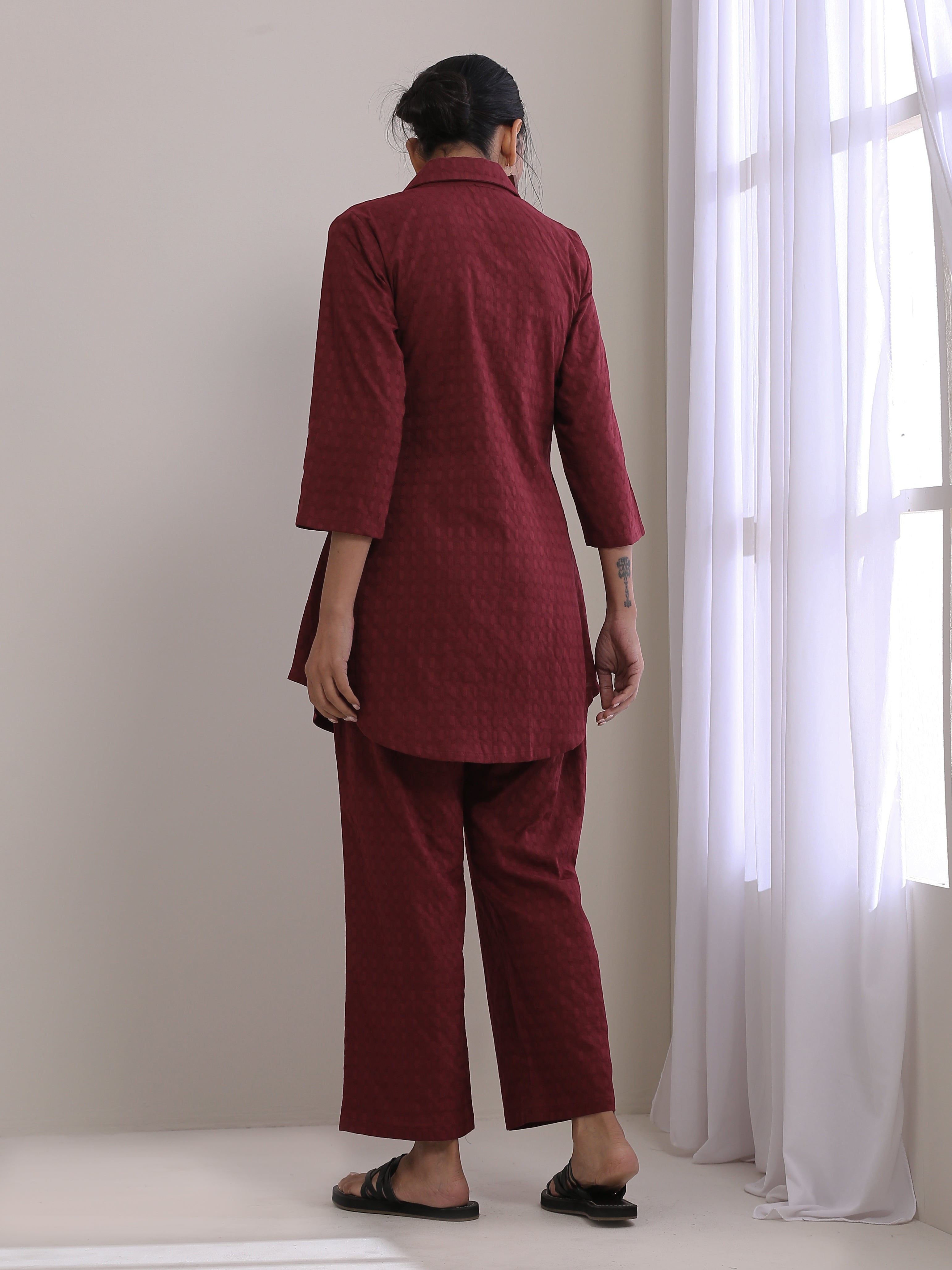 trueBrowns Ruby Wine Dobby Collar Short Co-Ord Set - Distacart