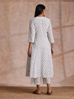 Thumbnail for trueBrowns White With Teal Buta Block Print Cotton Front Neck Gathered Kurta Pant Set - Distacart