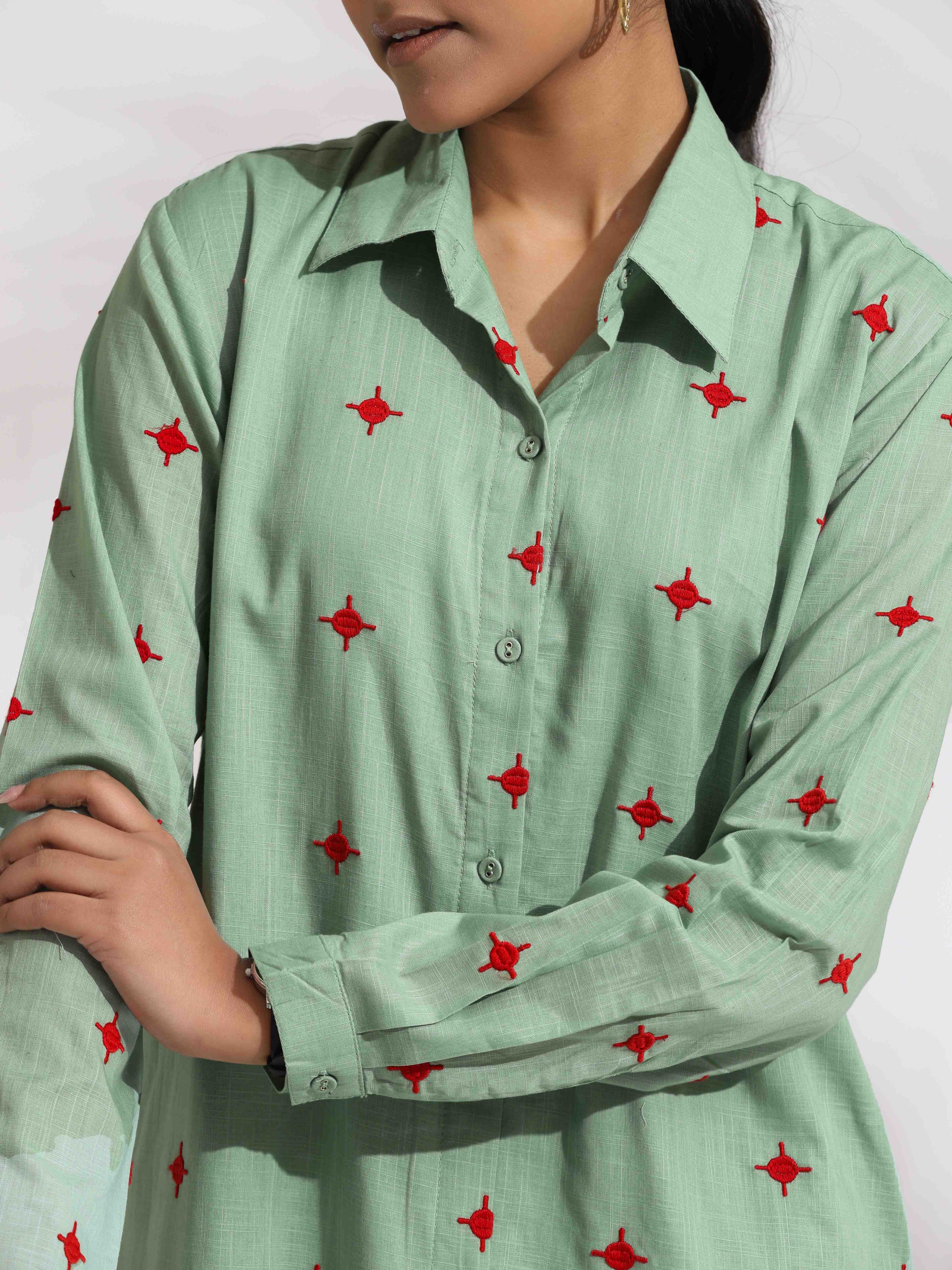 trueBrowns Green Cotton Embroidered Shirt Dress - Distacart