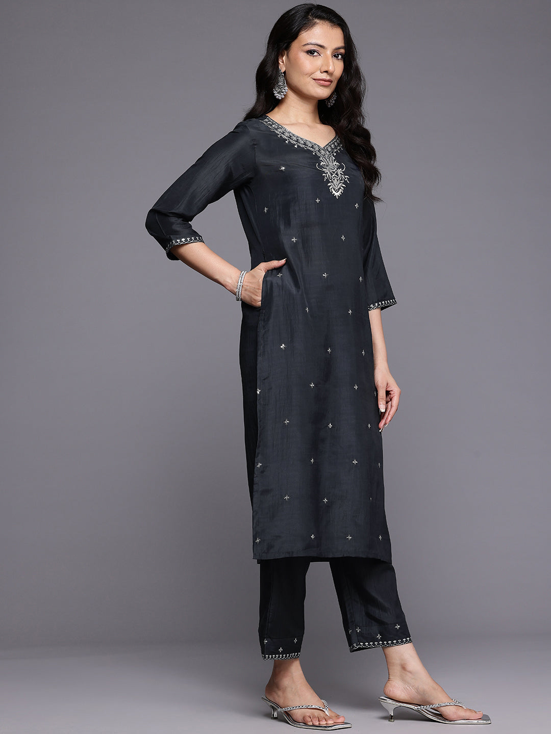 Varanga Women Grey Silk Thread And Zari Embroidered , Sequins Embellished Kurta Paired With Bottom And Dupatta - Distacart