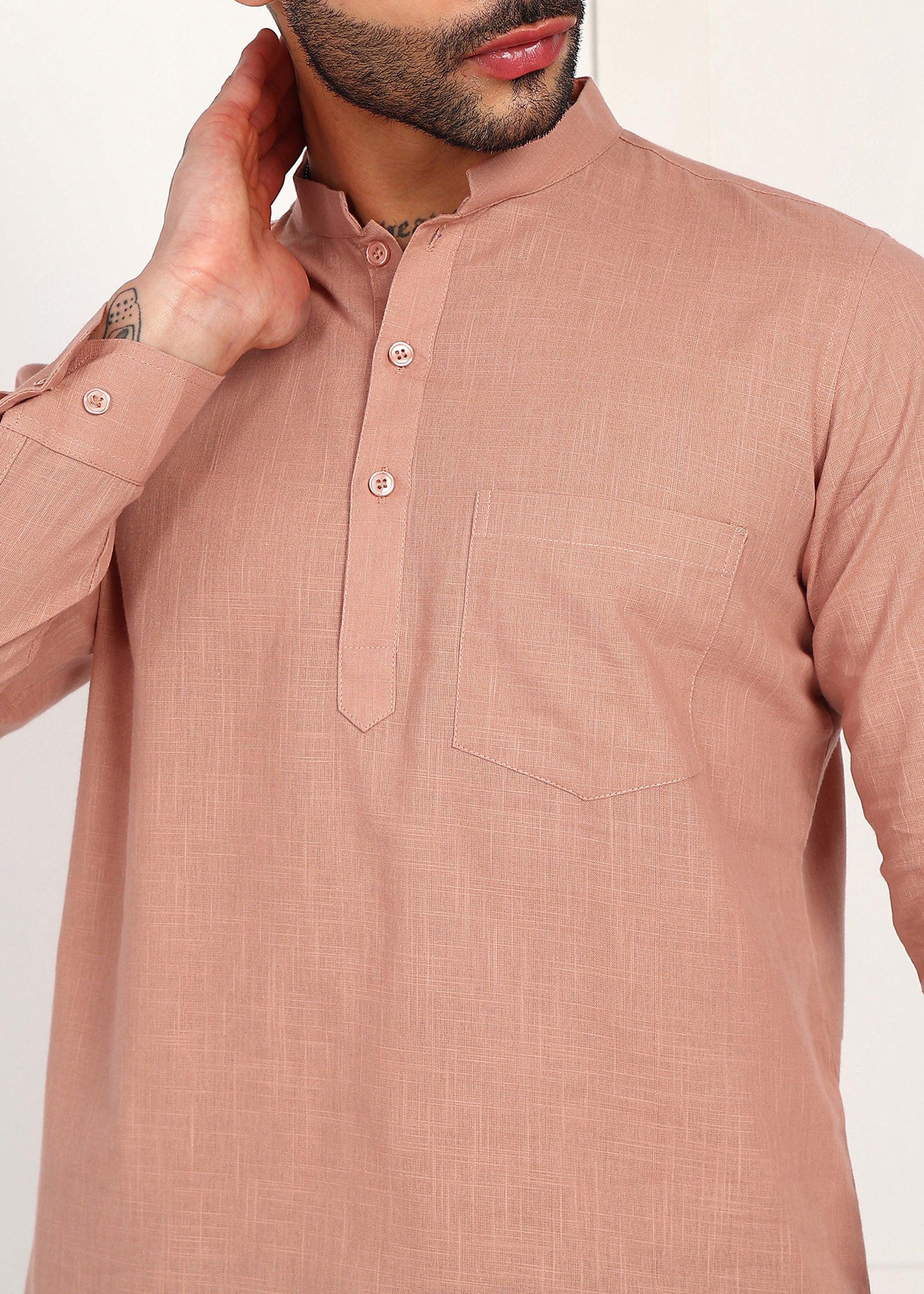 Fabmade Men’S Peach Linen Short Kurta - Distacart