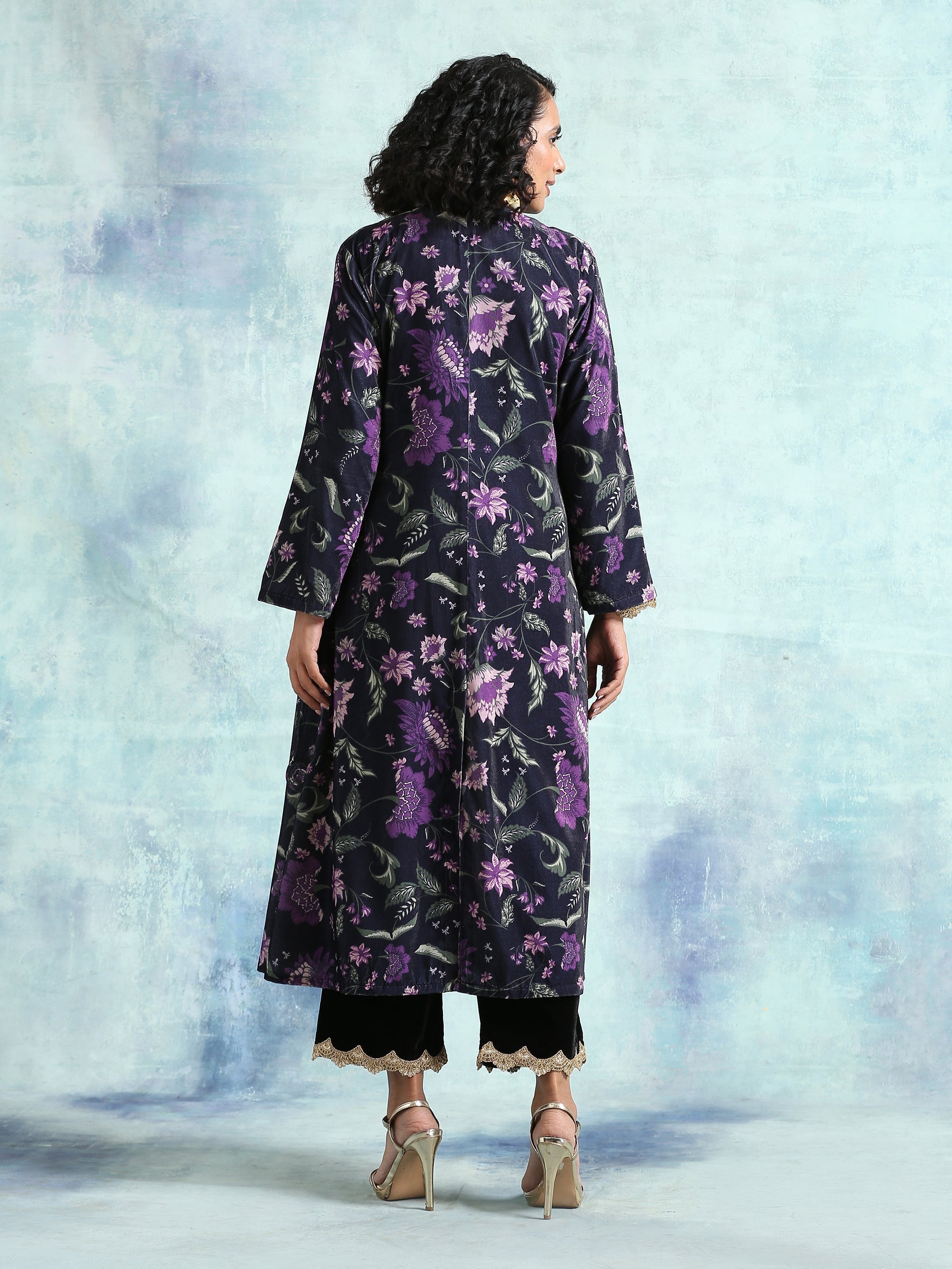 trueBrowns Black Printed Velvet Angrakha Jacket - Distacart