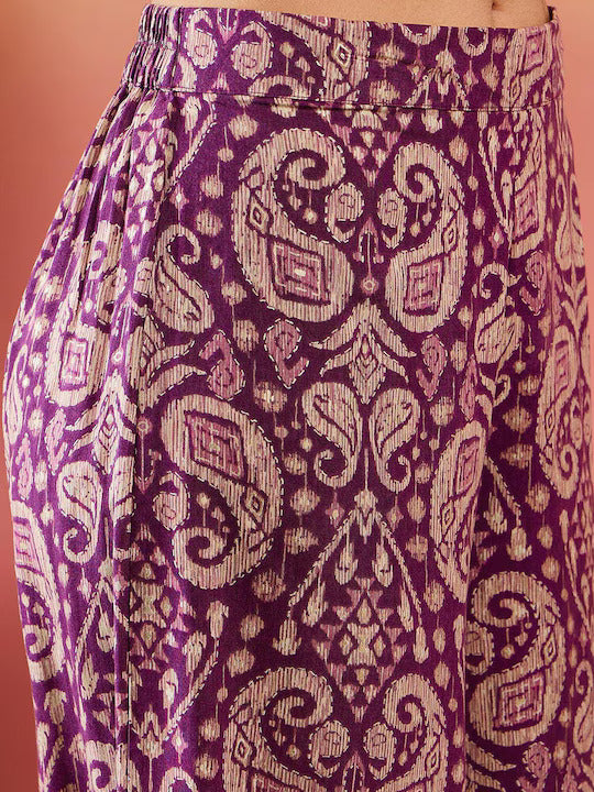 InWeave Dusty Mauve Paisley Round Neck Kurta Short Palazzo Set - Distacart