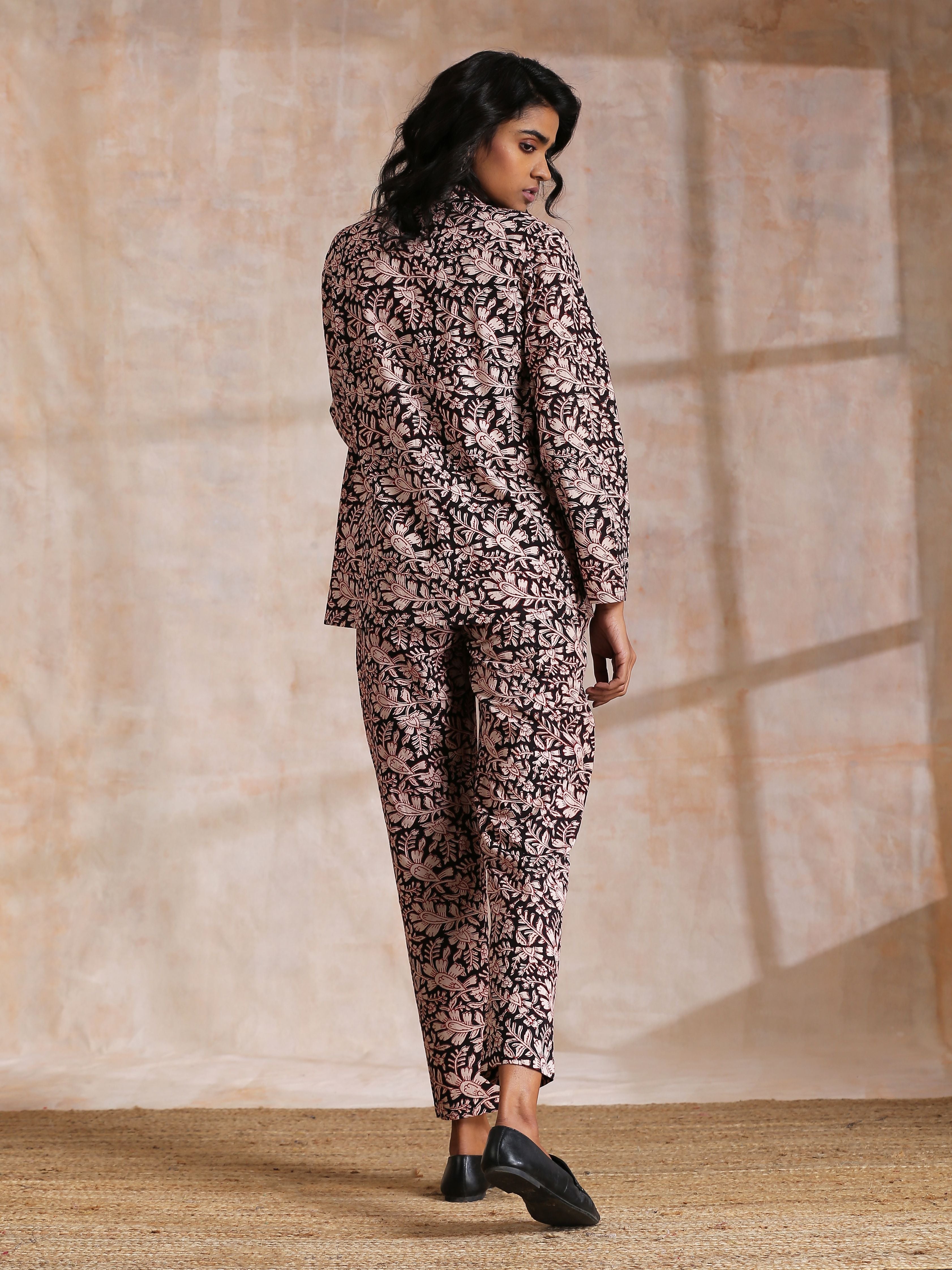 trueBrowns Black Floral Overall Bagru Print Cotton Pant Suit Set - Distacart