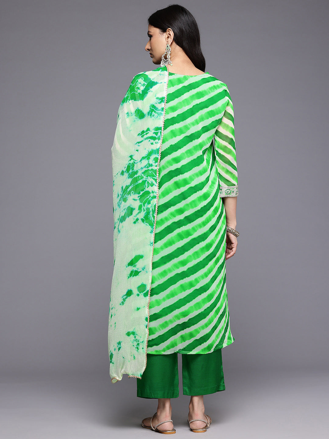 Varanga Women Green Leheriya Zari And Sequins Embroidered Kurta Set With Dupatta - Distacart