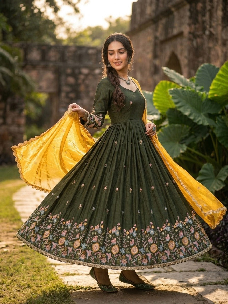 Anaita Mehendi Silk Readymade Anarkali Suit with Thread Embroidery & Sequence Work - Dista