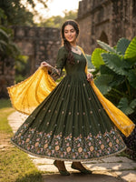 Thumbnail for Anaita Mehendi Silk Readymade Anarkali Suit with Thread Embroidery & Sequence Work - Dista