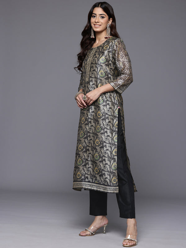 Varanga Women Grey Floral Printed Round Neck Straight Kurta Paired With Bottom And Printed Dupatta - Distacart