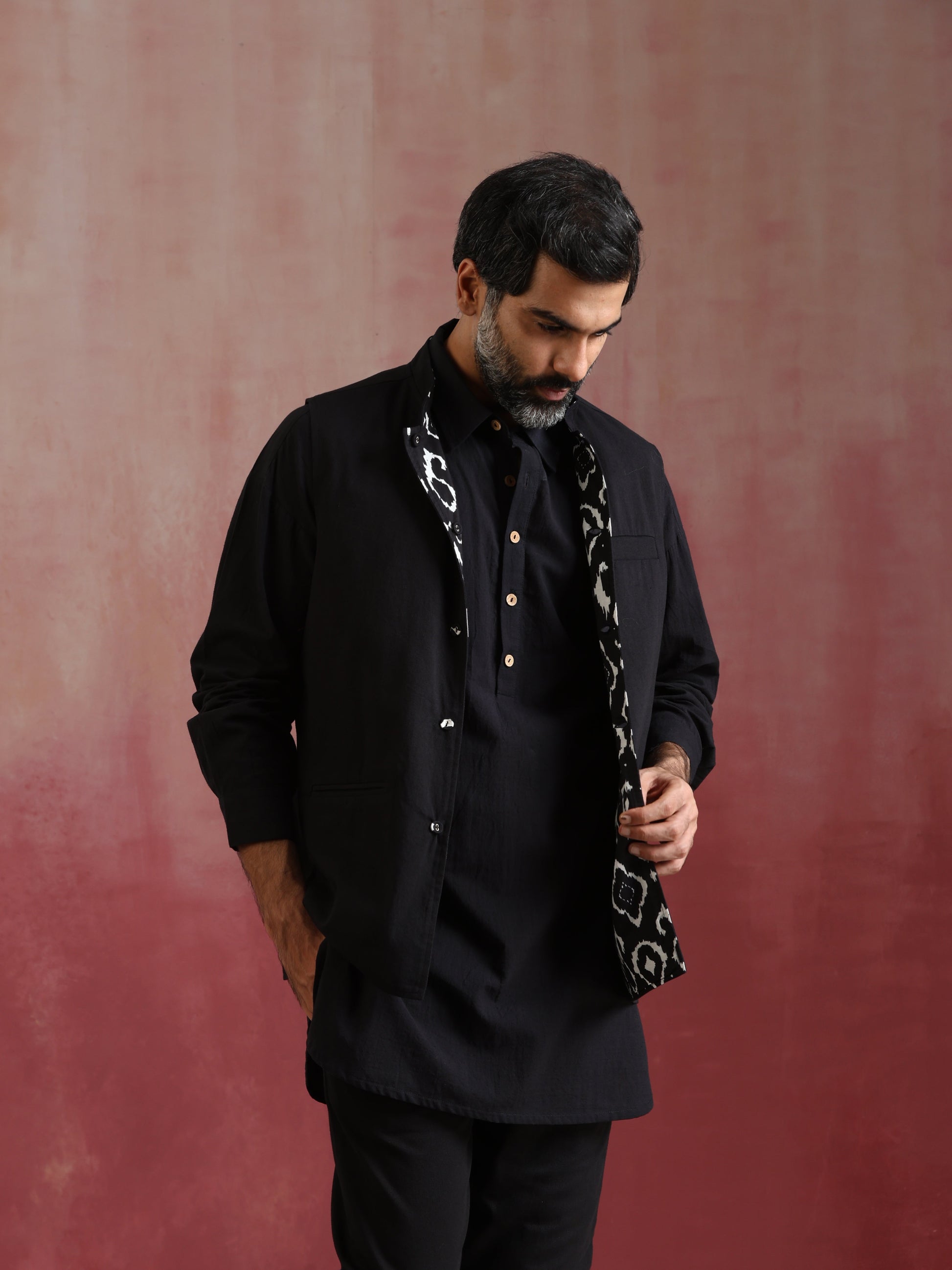 trueBrowns Men's Black Ikat Print Cotton Reversible Nehru Jacket - Distacart