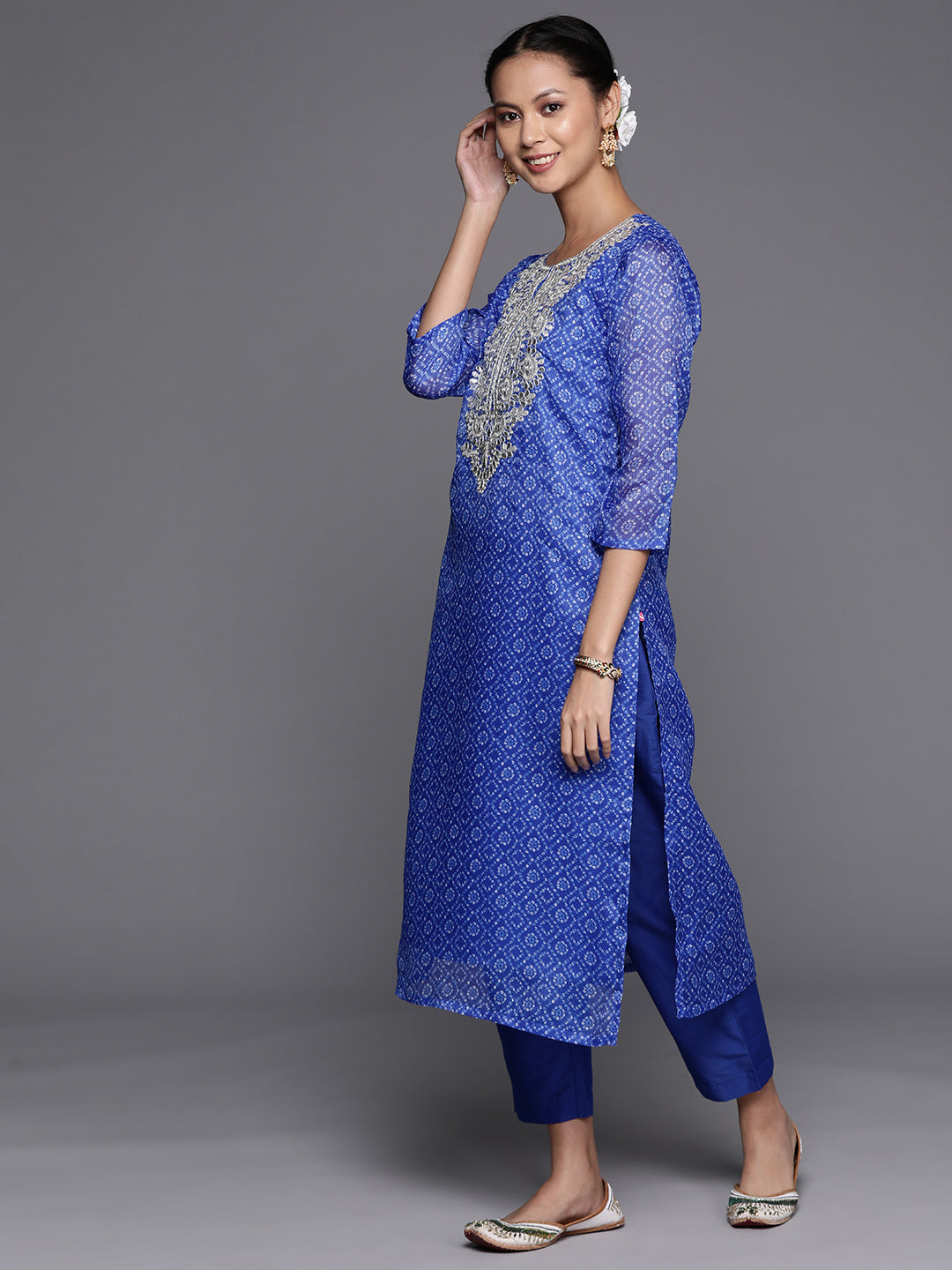 Varanga Blue Bandhani Printed, Gota Pati Embroidered Yoke Straight Kurta Paired With Tonal Bottom And Dupatta - Distacart