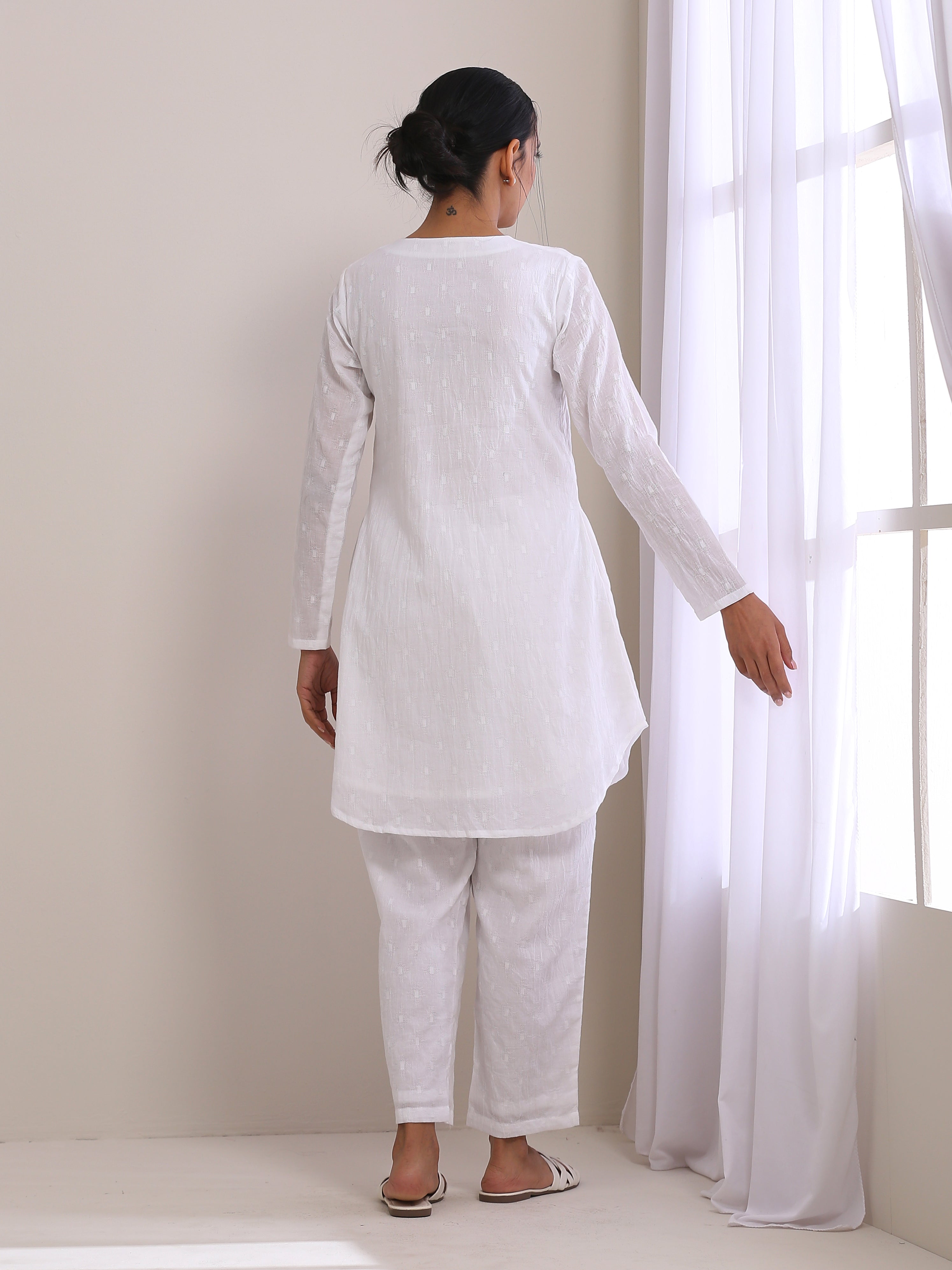 trueBrowns White Dobby Front Placket Co-Ord Set - Distacart