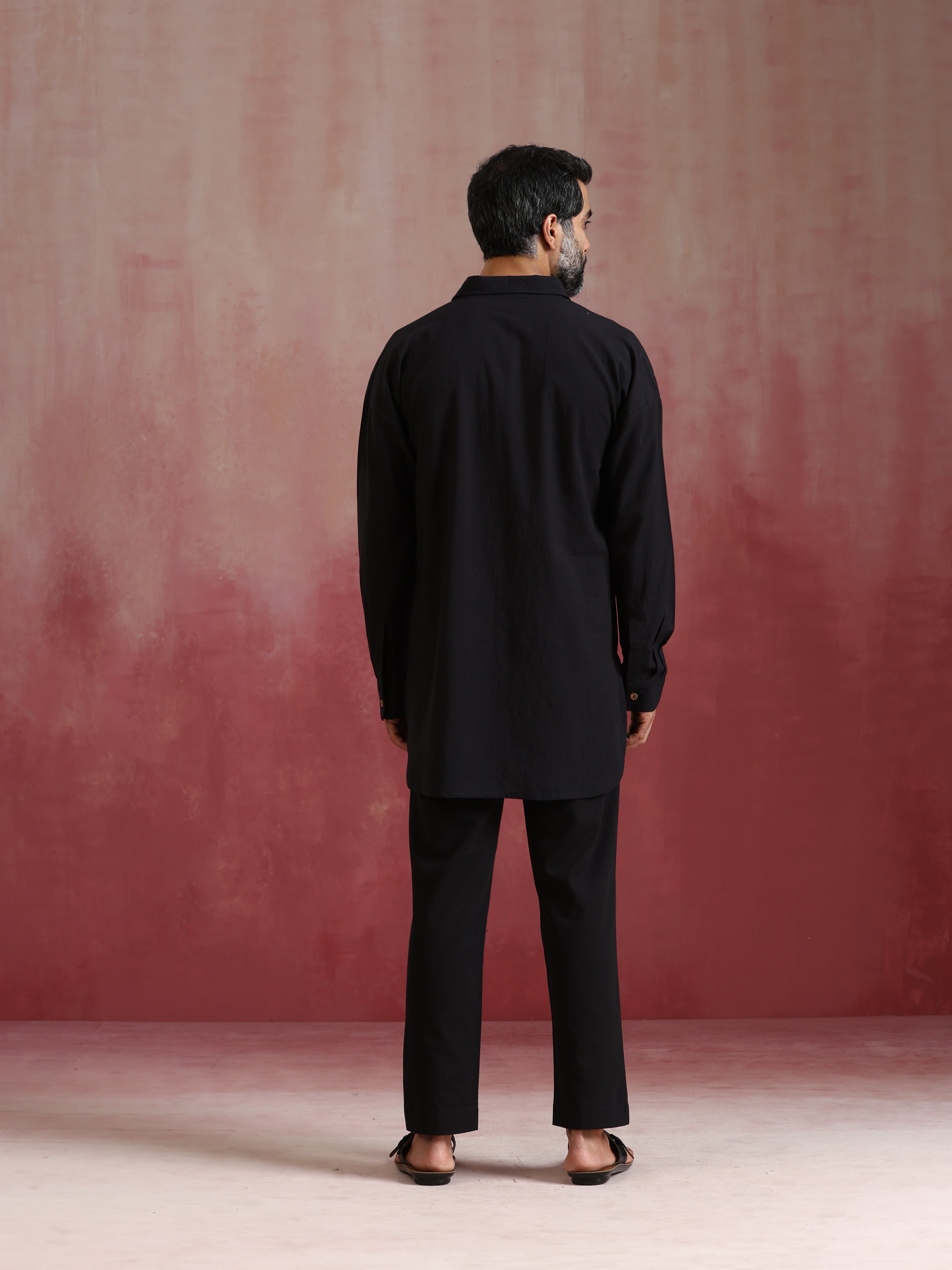 trueBrowns Men's Black Cotton Shirt Collar Stylized Kurta Co-ord set - Distacart