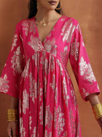 Thumbnail for trueBrowns Pink Metallic Flared Anarkali Kurta Set