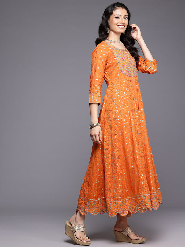Varanga Women Orange Mirror And Thread Embroidered,Zari Embellished Scalloped Schiffli Anarkali Kurta Paired Wirh Printed Bottom And Embroidered Dupatta - Distacart