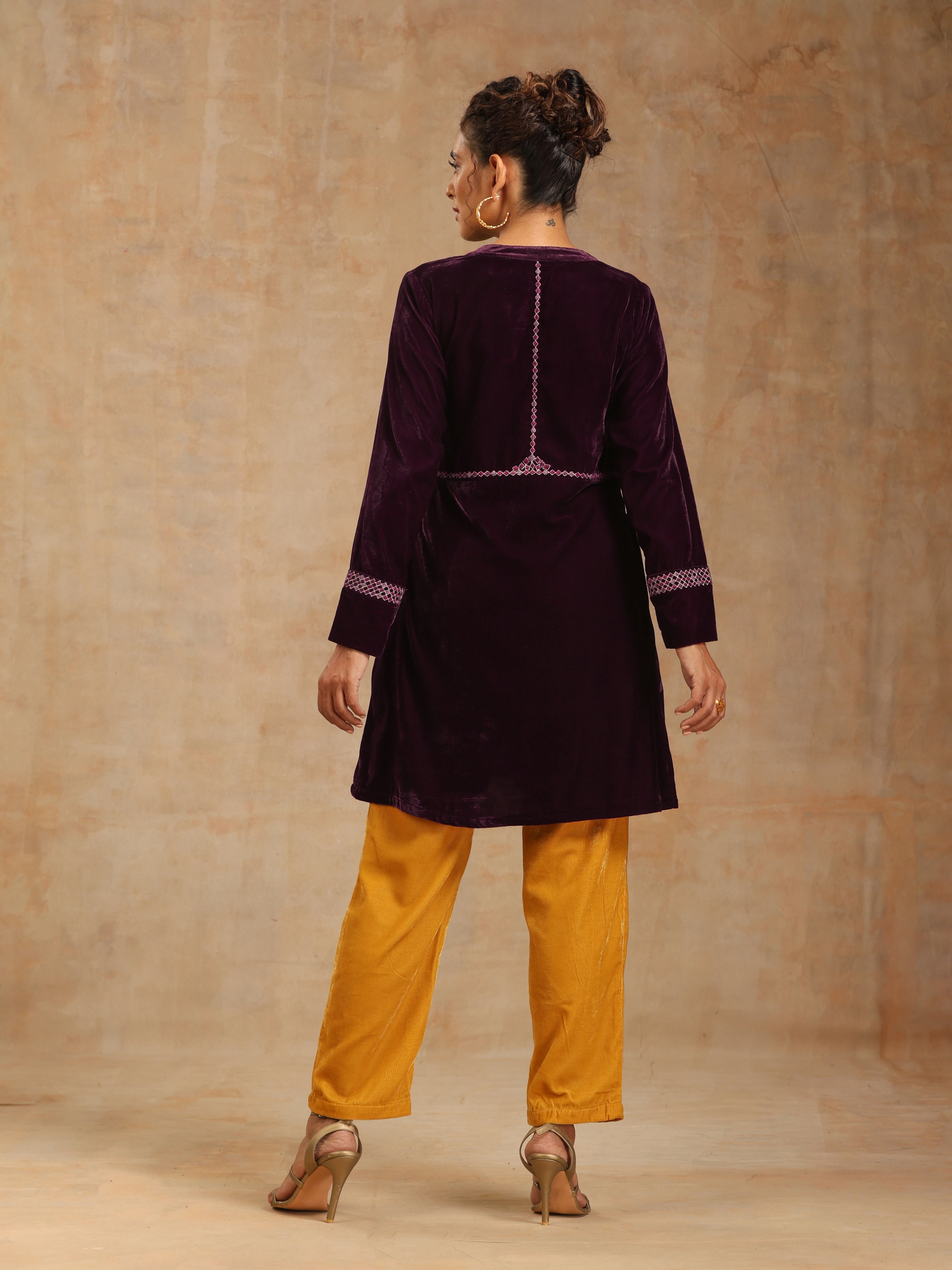 trueBrowns Wine Velvet Placket Embroidered Co-ord Set - Distacart