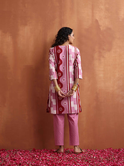 trueBrowns Pink Geometric Print Kurta Co-ord Set - Distacart