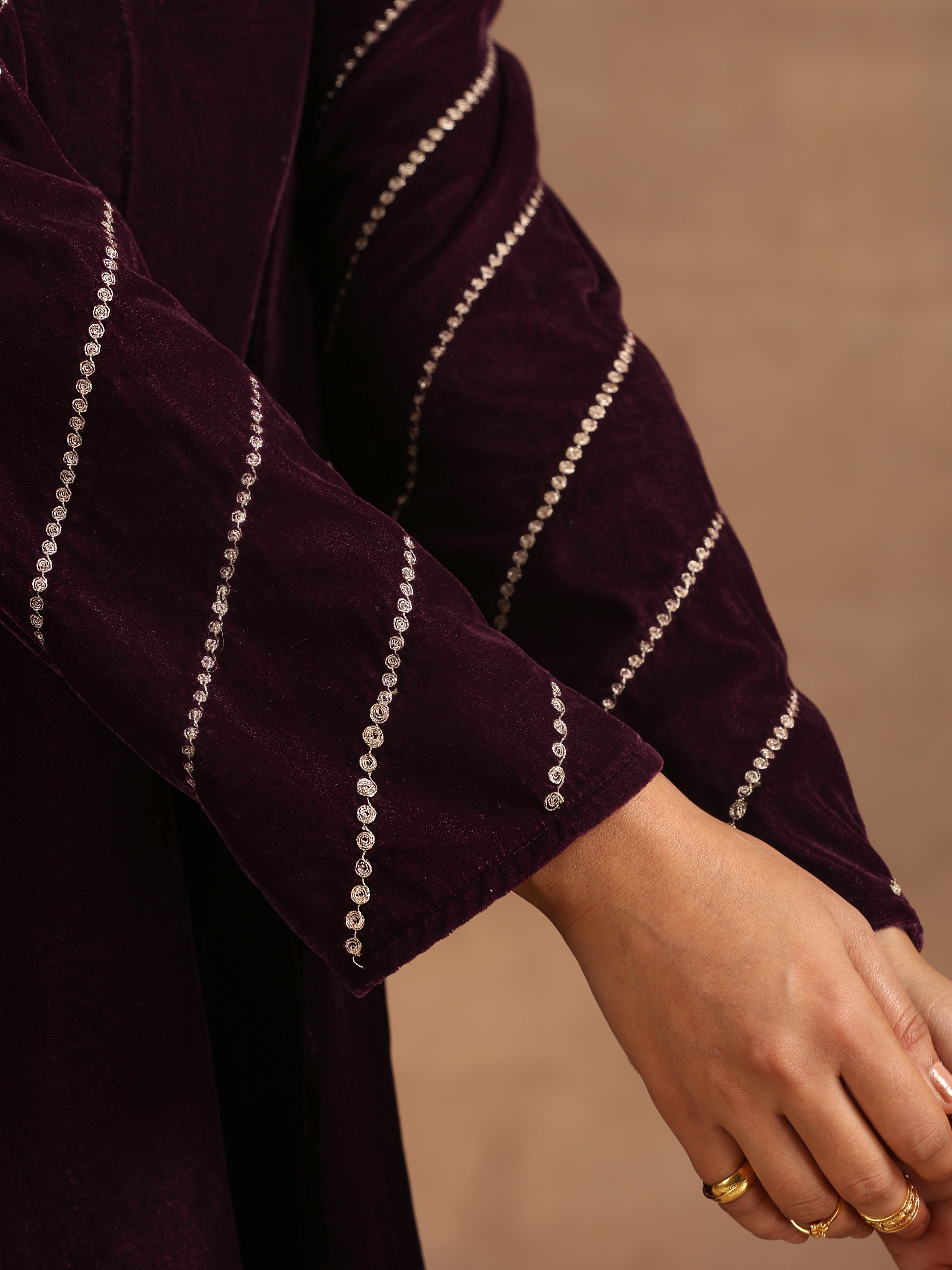 trueBrowns Wine Velvet Sleeve Embroidered Co-ord Set - Distacart