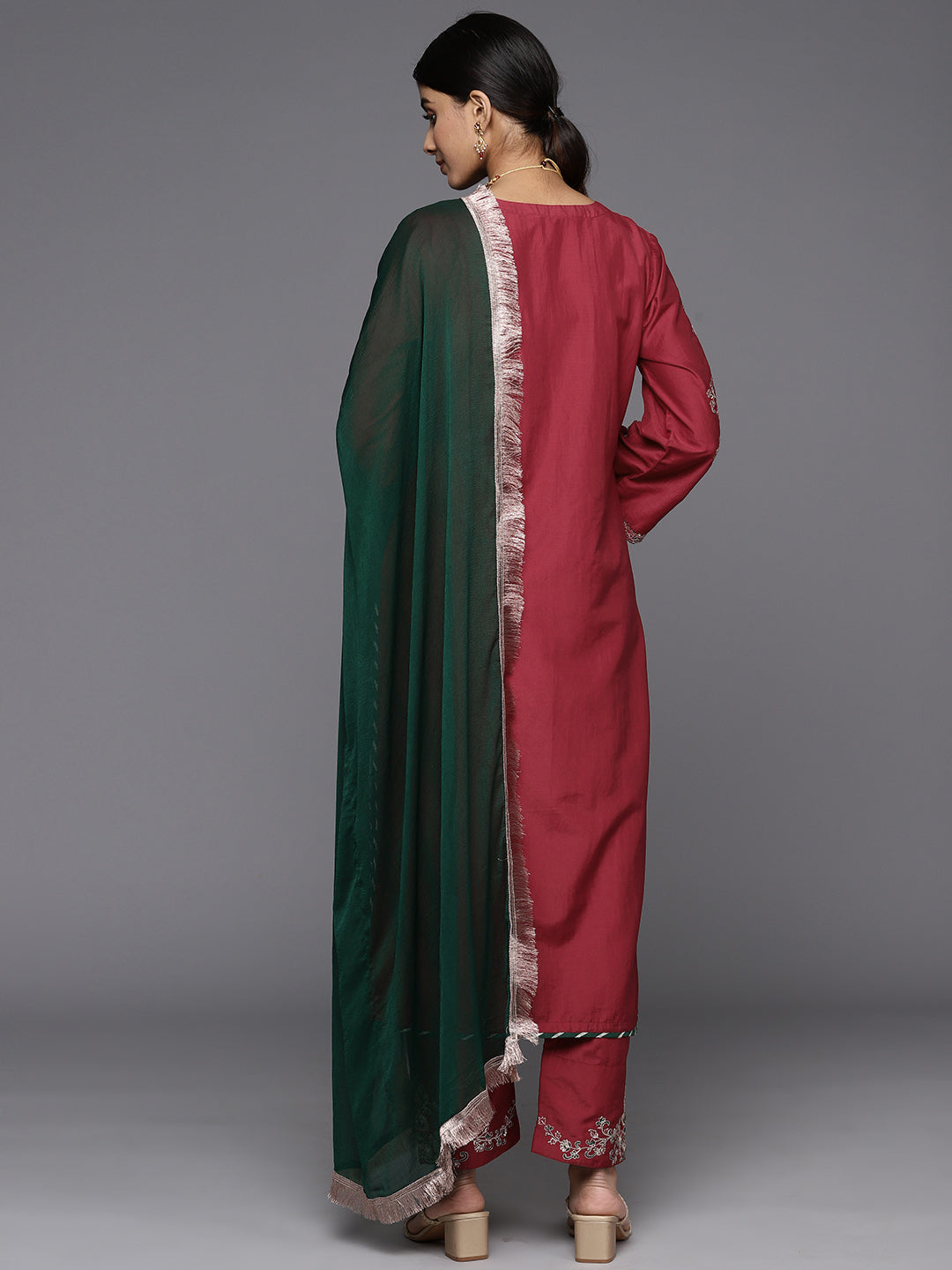 Varanga Women Maroon Round Neck Yoke Embroidered Straight Kurta Paired With Tonal Embroidered Bottom And Contrast Dupatta With Fringes - Distacart