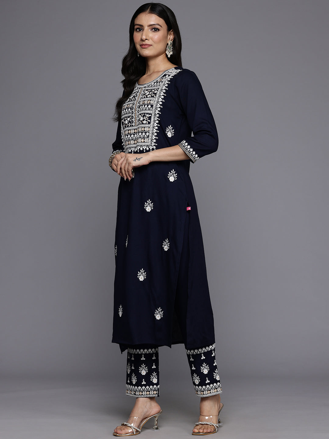 Varanga Women Navy Blue Round Neck Thread Embroidered Kurta Paired With Bottom And Dupatta - Distacart