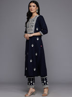 Thumbnail for Varanga Women Navy Blue Round Neck Thread Embroidered Kurta Paired With Bottom And Dupatta - Distacart