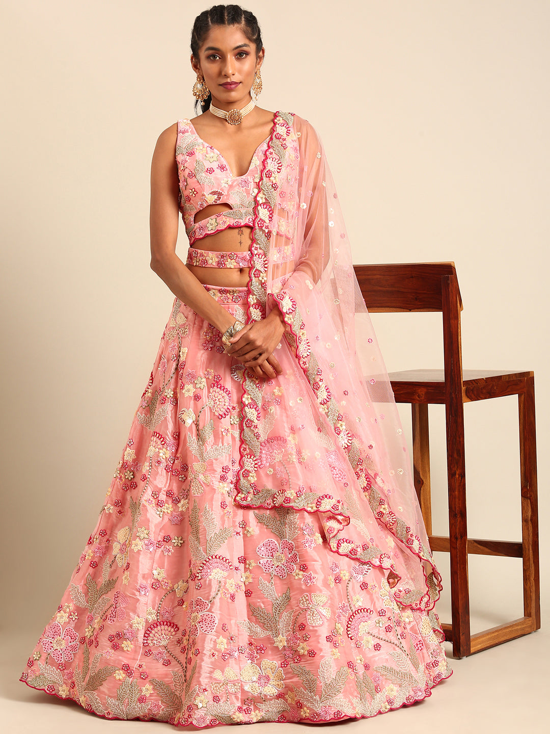 House of Panchhi Pink Organza Sequins And Zarkan Embroidery Lehenga Choli & Dupatta - Distacart