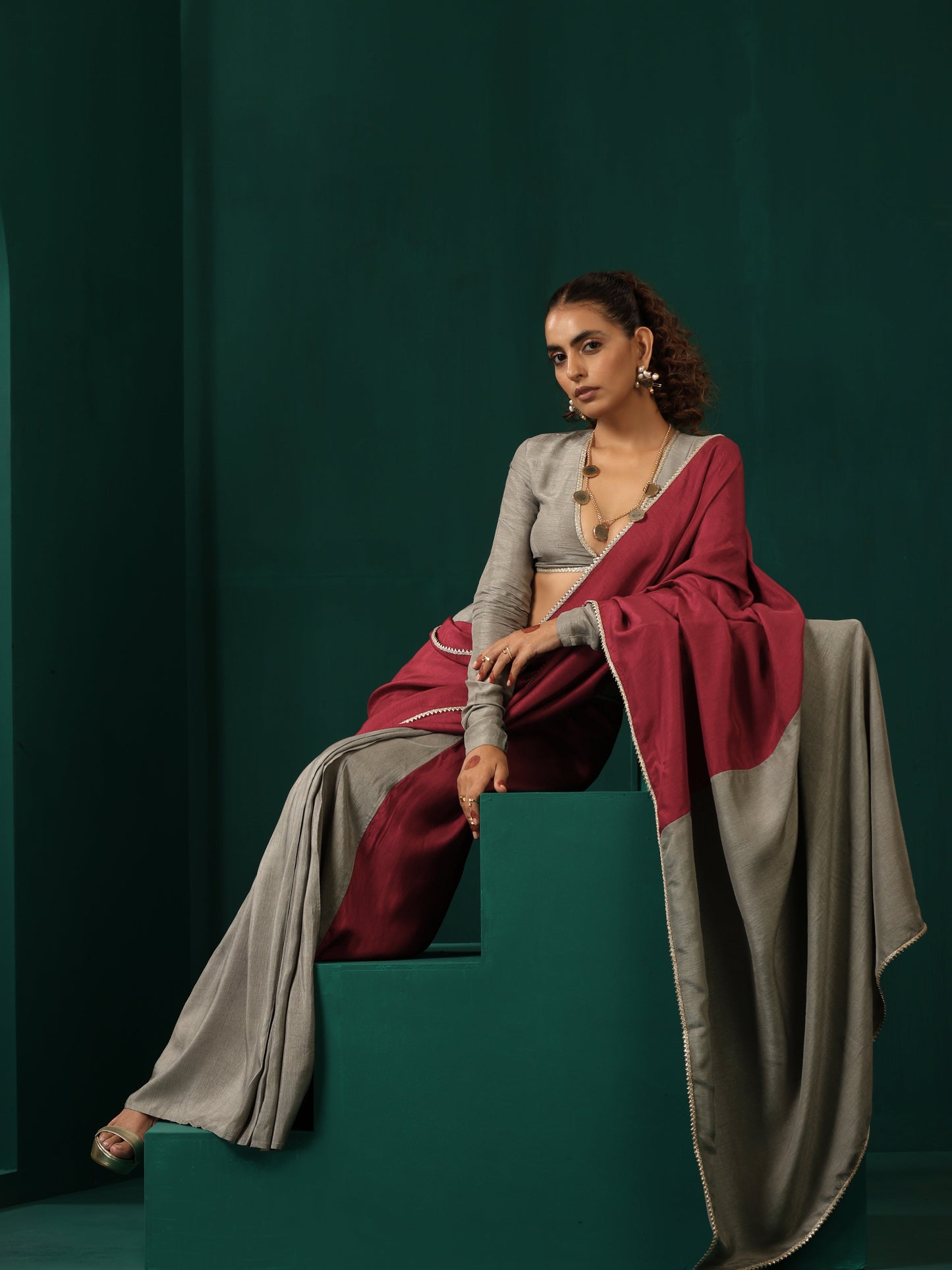 trueBrowns Grey Maroon Silk Ready to Wear Saree - Distacart