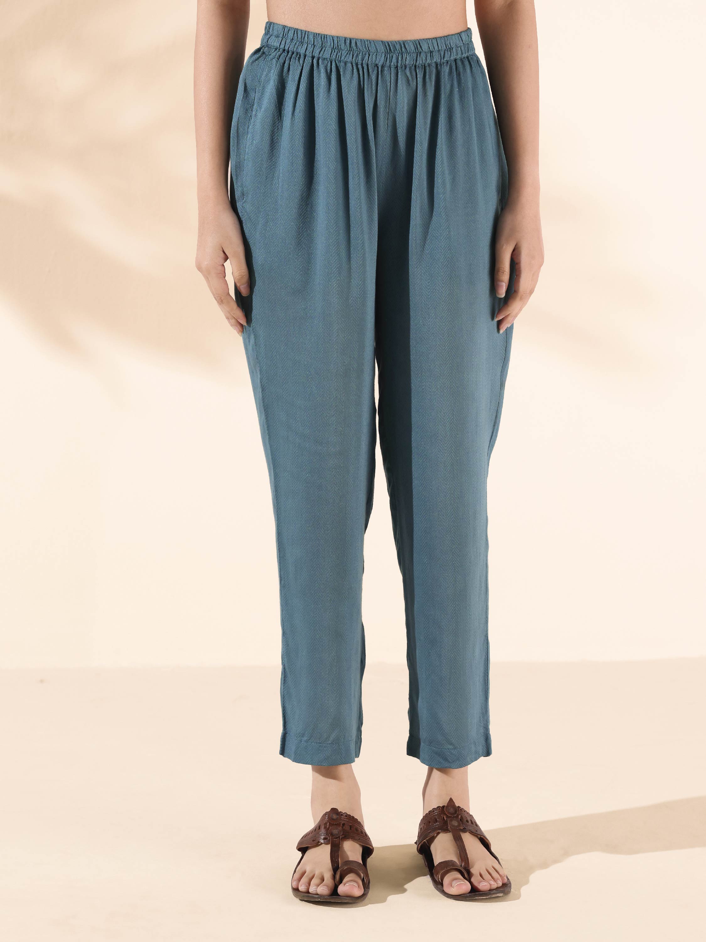 trueBrowns Turquoise Viscose Dobby Flared Kurta Pant Set - Distacart