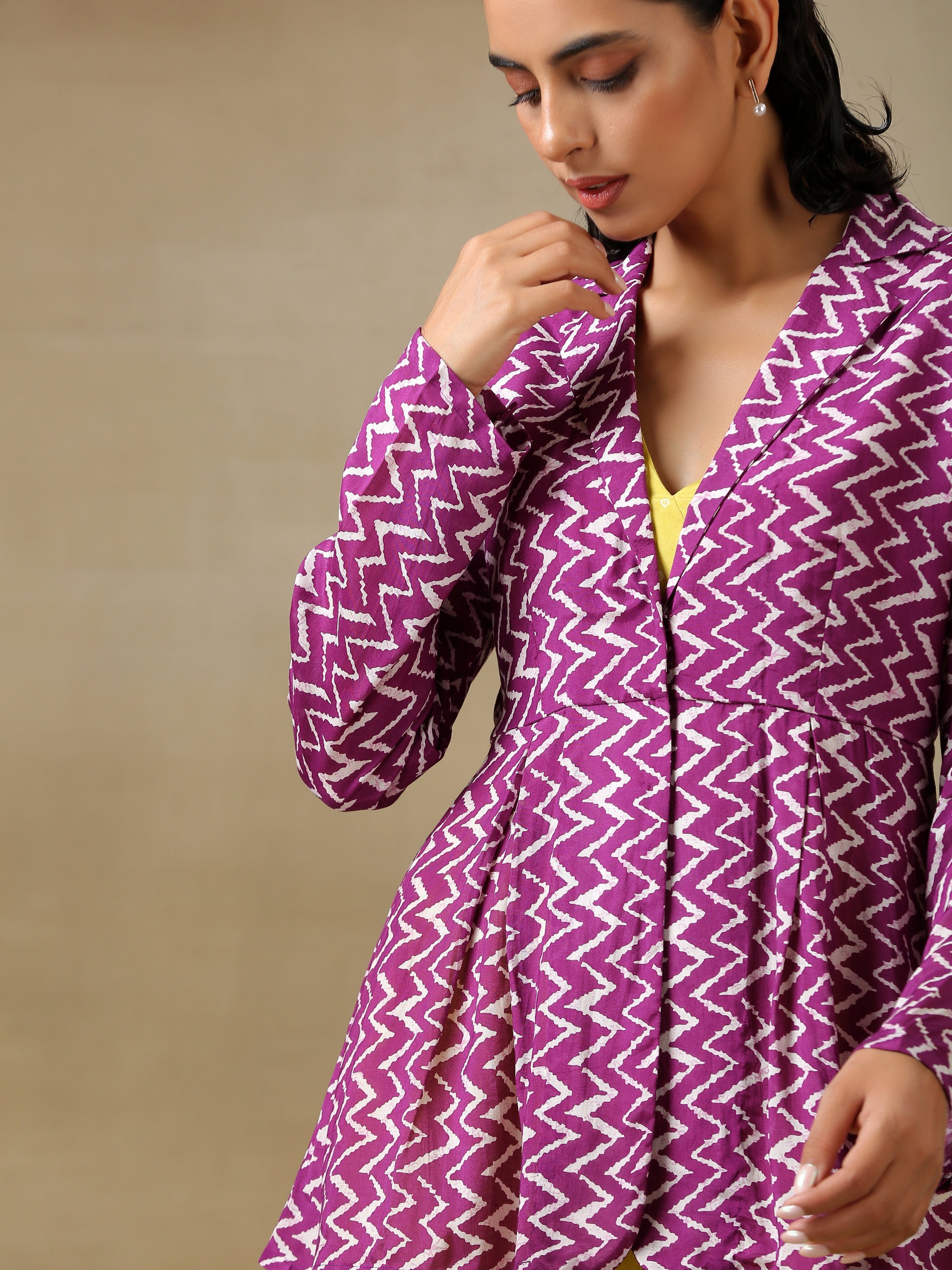 trueBrowns Lime Green Bandhani Printed Silk Top Pant with Purple Printed Jacket Set - Distacart