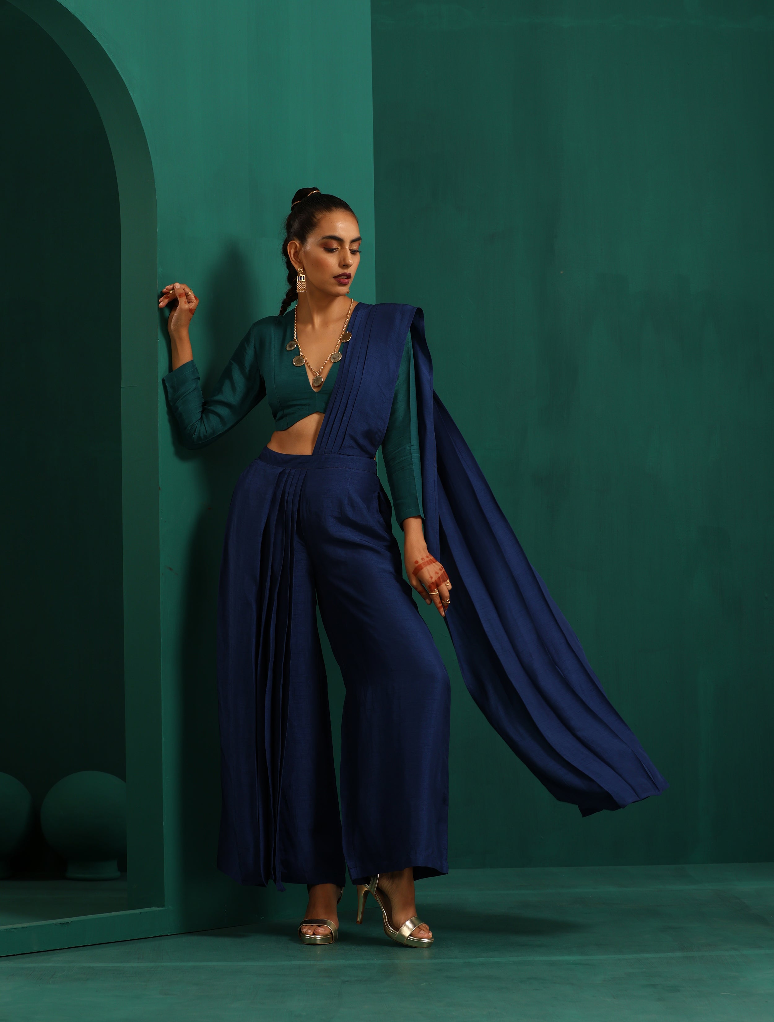 trueBrowns Blue Silk Palazzo Stitched Saree - Distacart