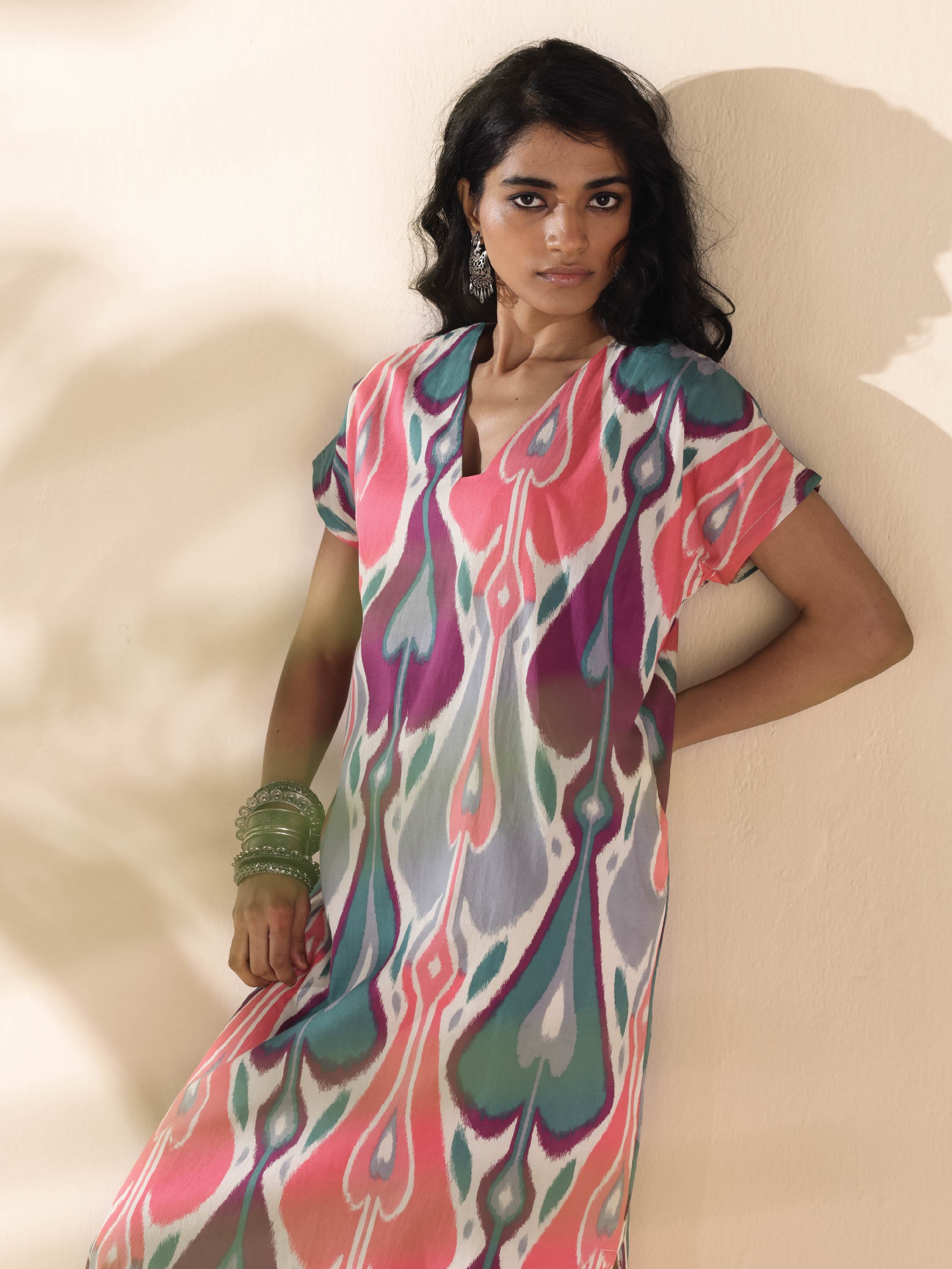 trueBrowns Green Cotton Ikat Slit Dress - Distacart