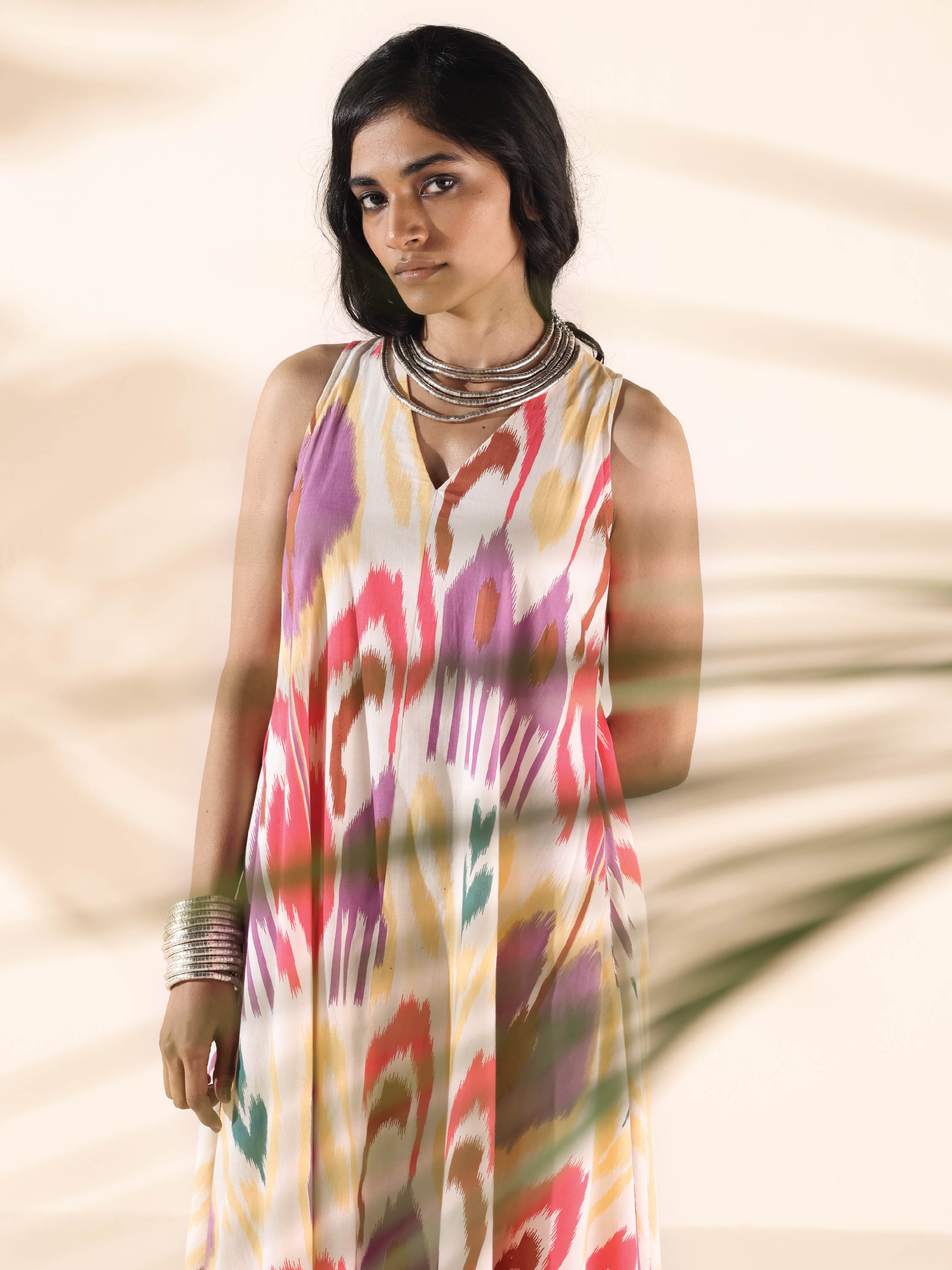trueBrowns Pink Cotton Ikat Sleeveless Dress - Distacart