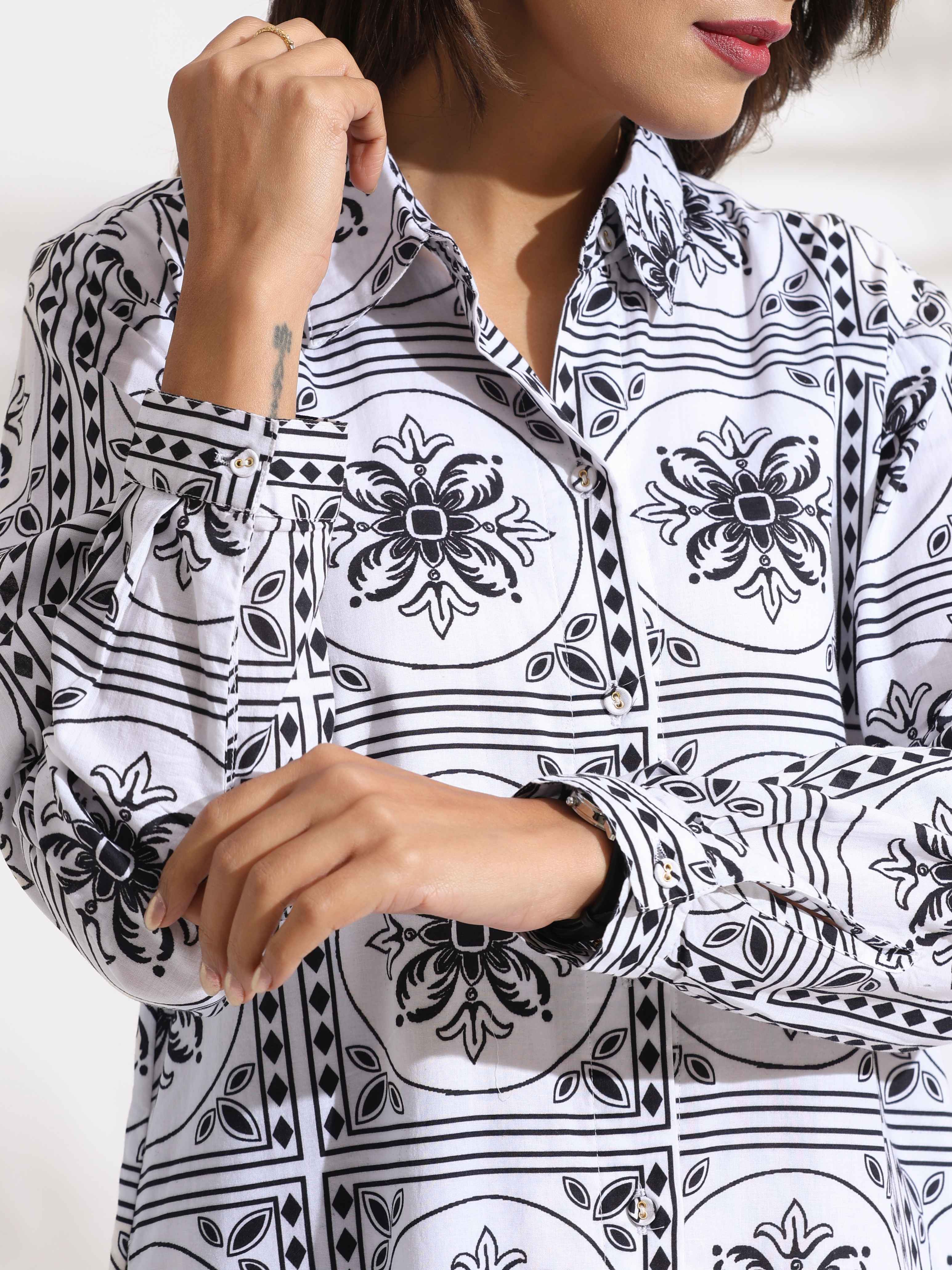 trueBrowns White Cotton Print Shirt Dress
