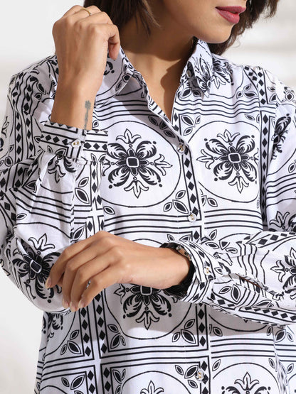 trueBrowns White Cotton Print Shirt Dress - Distacart