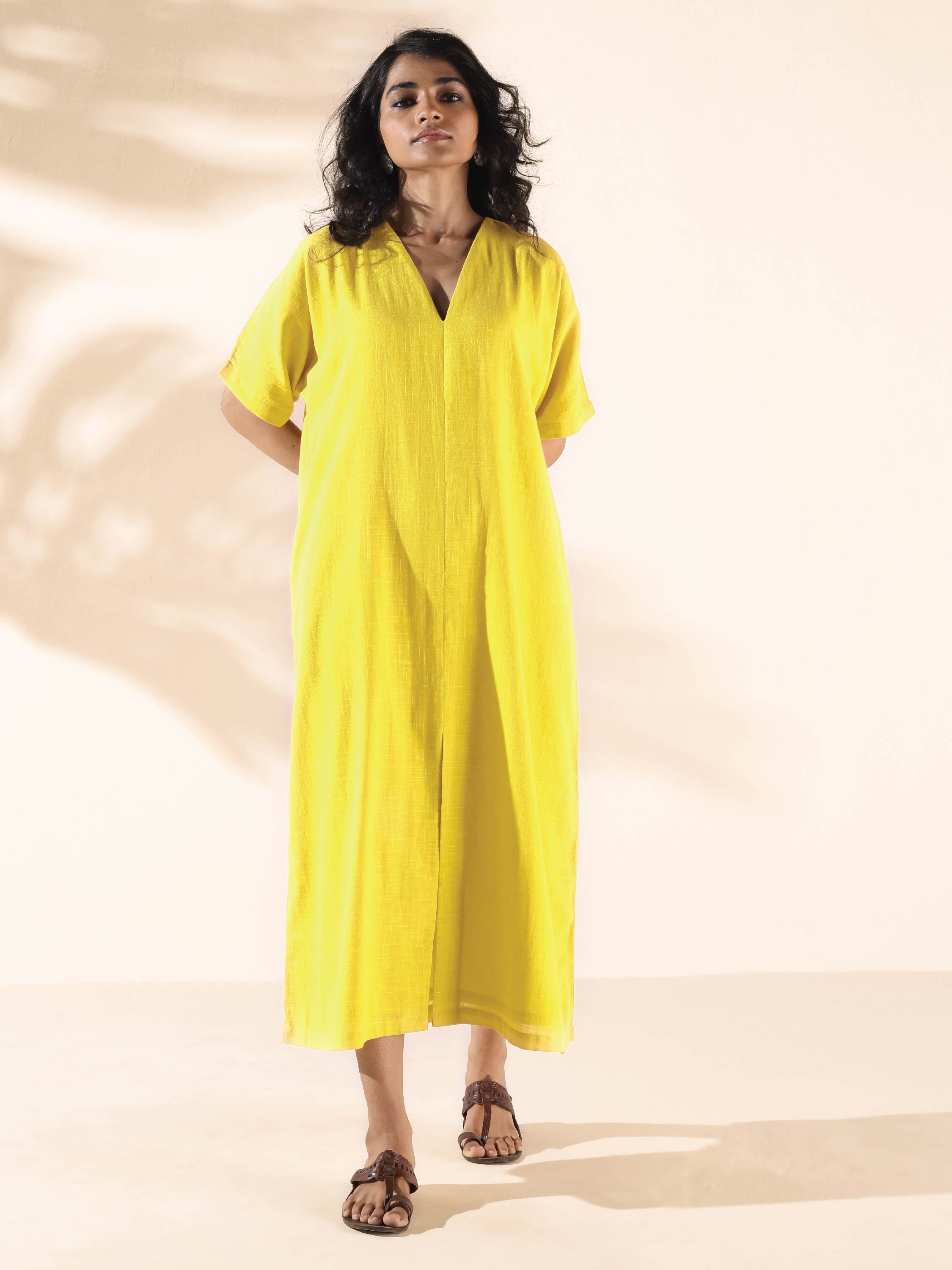 trueBrowns Lime Cotton Front Slit Dress - Distacart