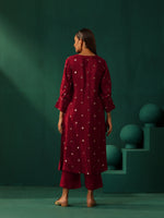 Thumbnail for trueBrowns Maroon Diamond Viscose Silk Puff Sleeve Kurta Pant Set - Distacart