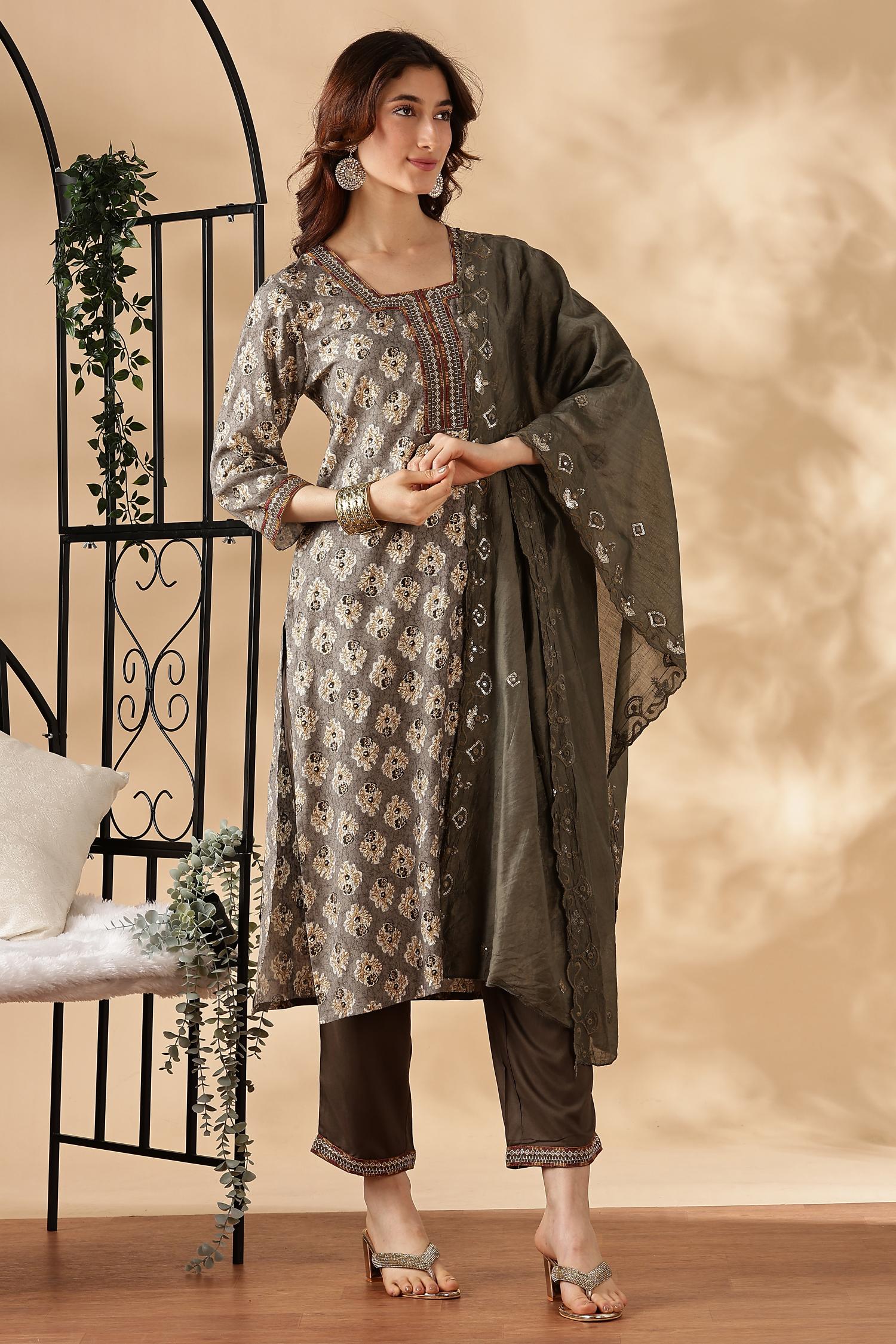 BulBul Shamaira Printed Grey Rayon Salwar Suit