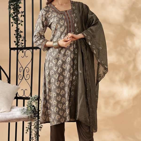 BulBul Shamaira Printed Grey Rayon Salwar Suit